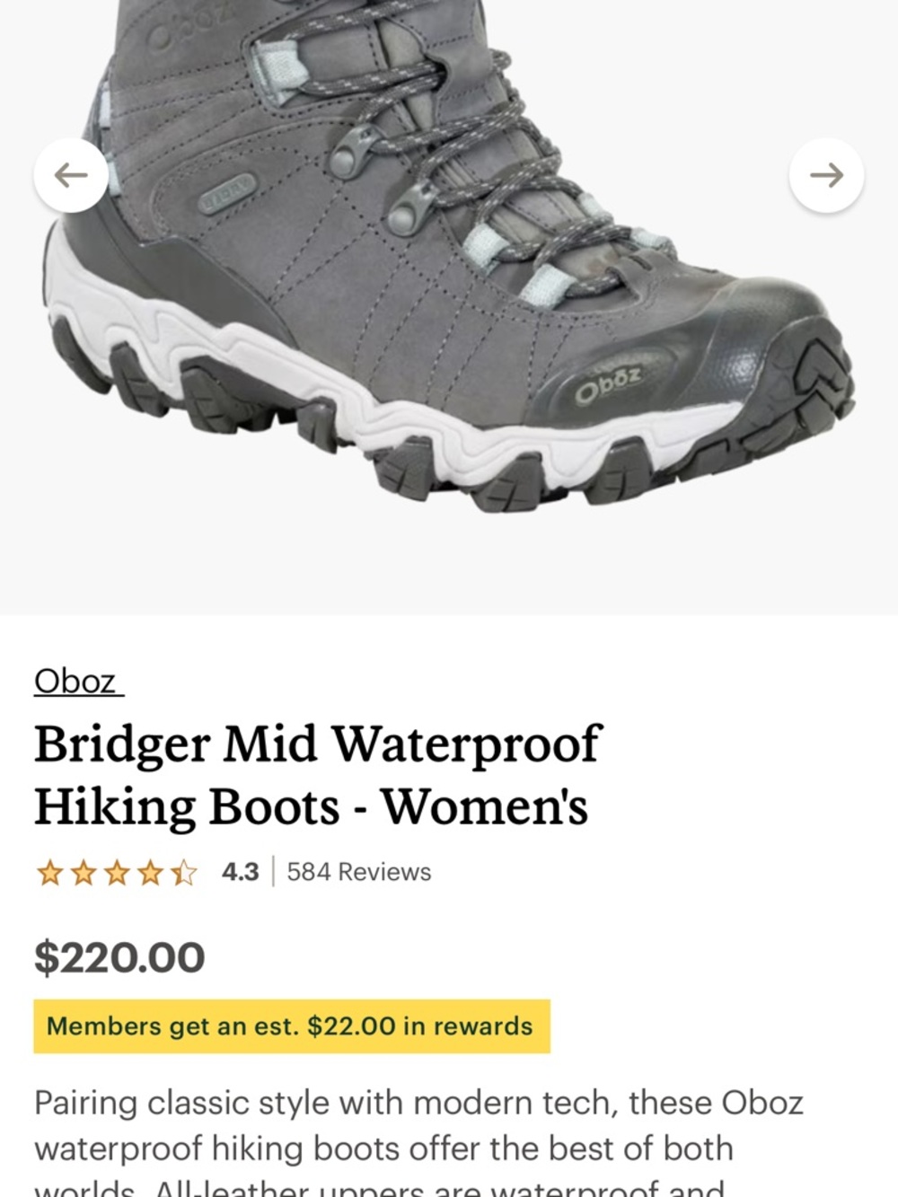 OBOZ Bridger Mid Waterproof Hiking Boots - Women's, Hazy Gray size 9